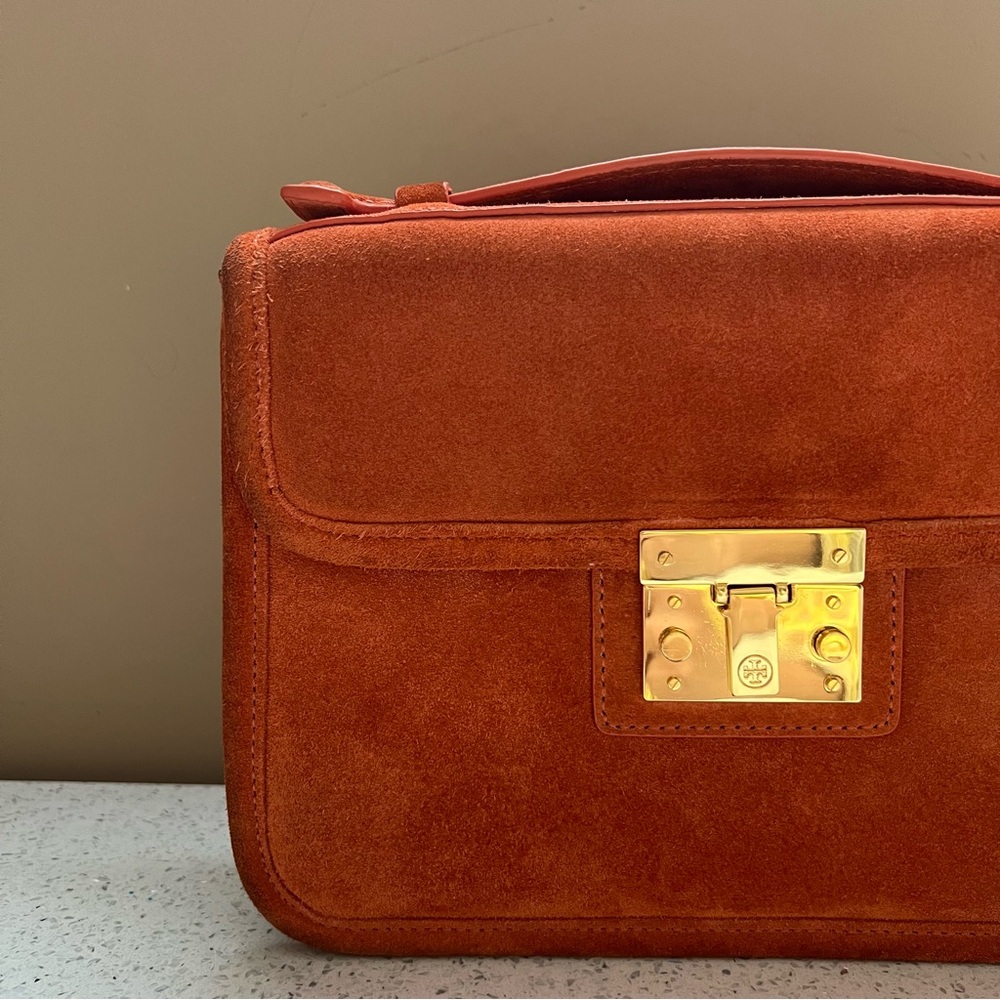 Tory Burch Orange Suede Gold Hardware Top Handle Crossbody Bag Purse - Picture 5 of 16